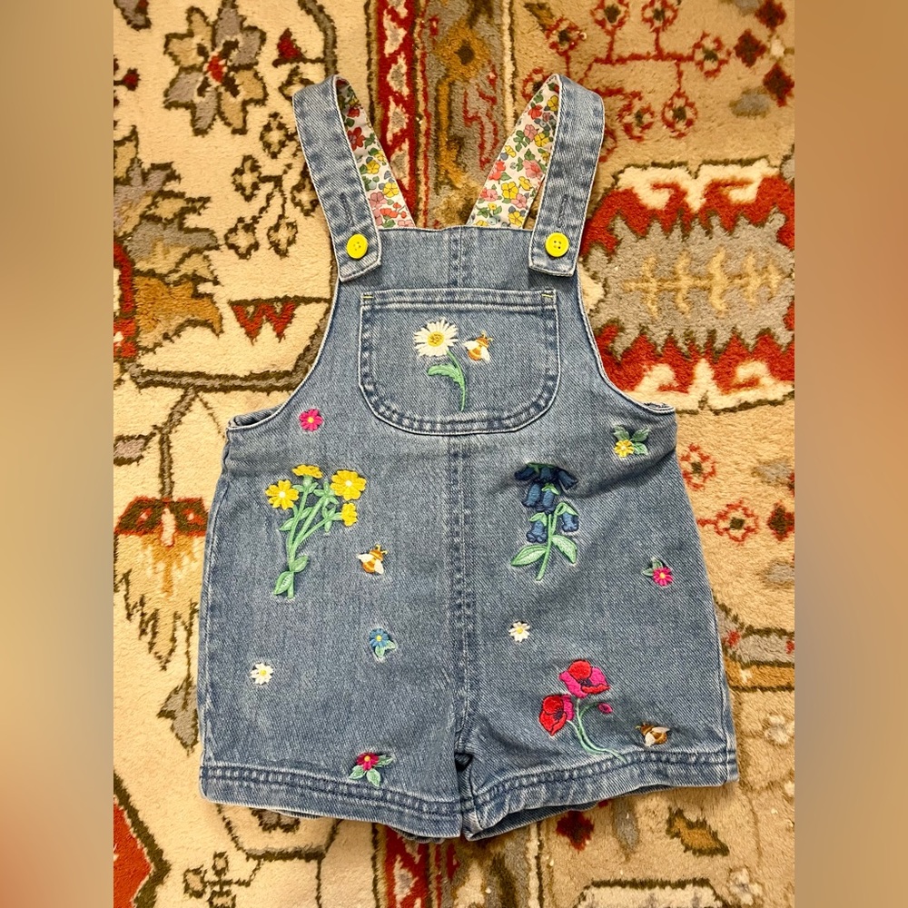 Mini Boden Embroidered Denim Overall Shorts